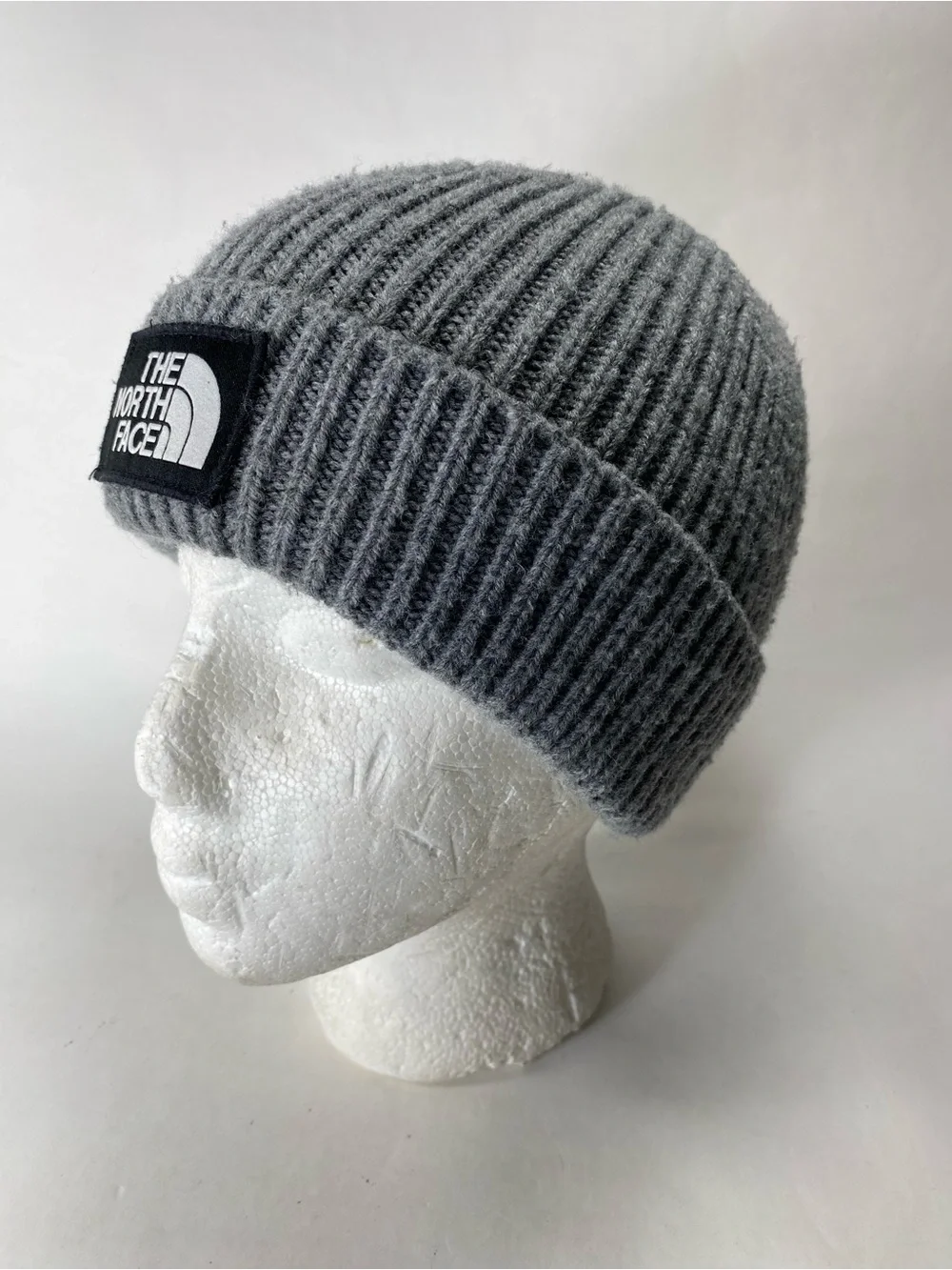 The North Face Charcoal Ribbed Knit Beanie with Logo Patch - Unisex